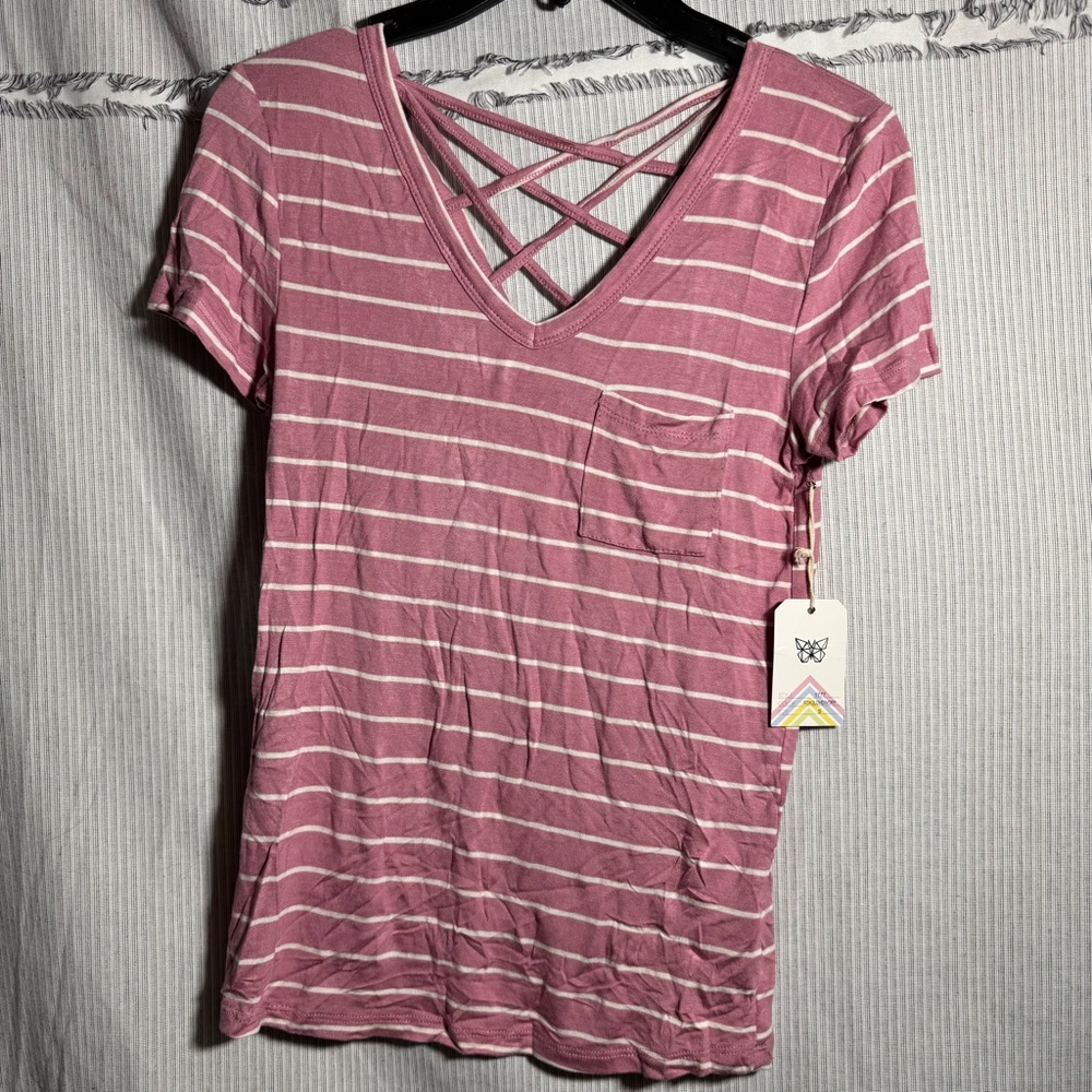 Fitted Pink and White Short Sleeve T-Shirt with Cut Out Design